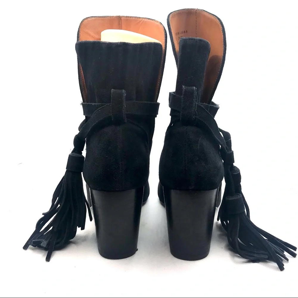 & OTHER STORIES BLACK SUEDE HEELED BOOTS WITH FRINGE TASSEL ANKLE DETAILS (6.5)
